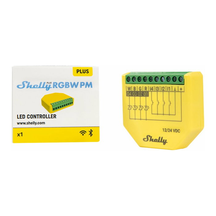 Shelly Plus RGBW PM - Relé Controlador LED WiFi Bluetooth para Instalación Empotrada, 4 Canales, Compatible con Alexa y Google Assistant