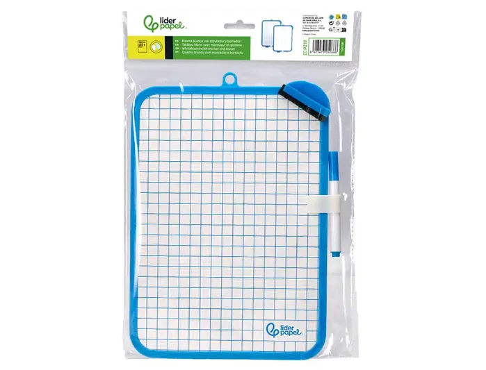 Liderpapel Pizarra Blanca 18x26 cm Doble Cara Lisa y Cuadriculada con Rotulador y Borrador