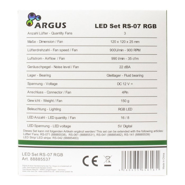 Inter-Tech ARGUS RGB-FAN SET RS-07 Set de 3 ventiladores LED 120x120x25 mm Inter-Tech ARGUS RGB-FAN SET RS-07 Set de 3 ventiladores LED 120x120x25 mm