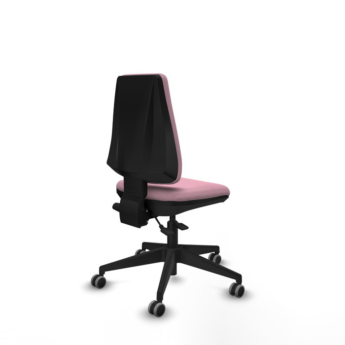 Silla de oficina Elche con mecanismo Asincro tapizada con Tela color Rosa. Equipada con Base piramidal negra, Sin brazos y Ruedas 65 mm parqué