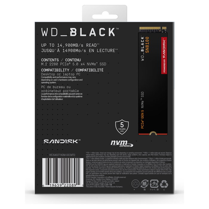 Western Digital WD_BLACK SN8100 4TB NVMe PCIe 5.0 x4 M.2 SSD - 14900 MB/s Leer, 14000 MB/s Escribir - 2280, TLC 3D NAND