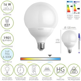 MAURER Bombilla LED Globo Rosca E27 16W Luz Fría 6500K