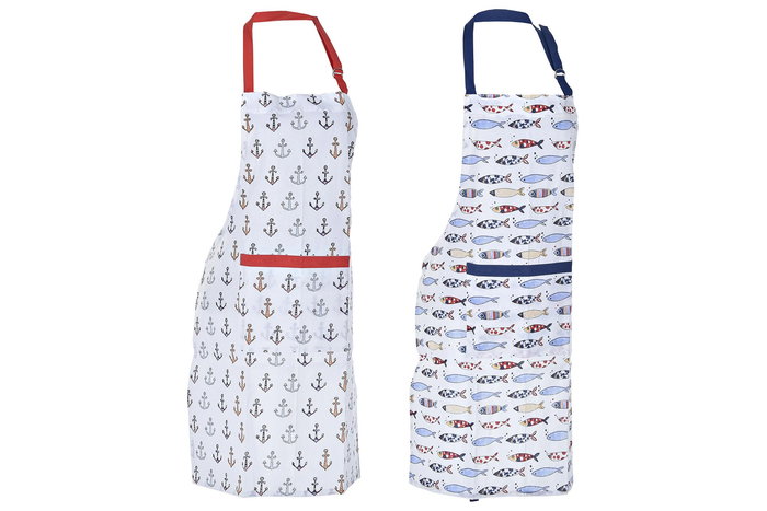 DKD Home Decor Delantal de Cocina Mediterraneo Costa Peces Set de 2 Unidades Poliéster Colores Azul Rojo Blanco 80x0.5x60 cm