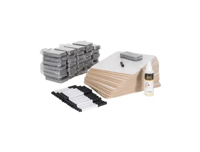 Bi-Office Set Escolar de 35 Pizarras Blancas de Melamina Doble Cara A4 + 35 Borradores + 35 Rotuladores + 1 Spray Limpiador para Aulas