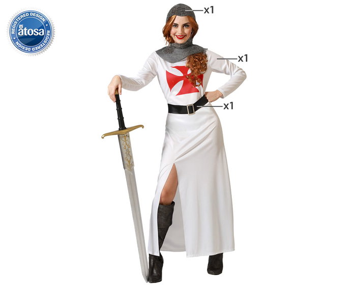 Disfraz de Caballero de las Cruzadas Blanco para Mujer Adulto Talla XL - Túnica, Capucha y Cinturón