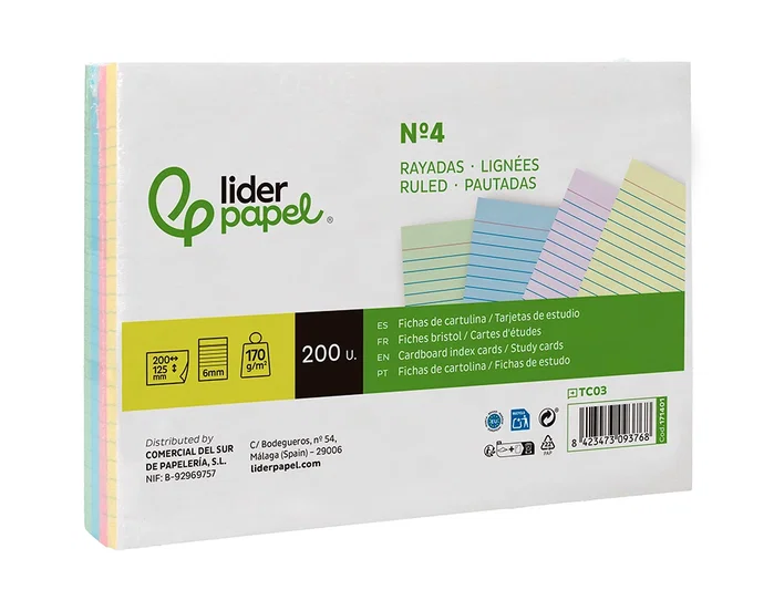Liderpapel Tarjetas de Estudio Rayadas Colores Pastel 170g 125x200mm