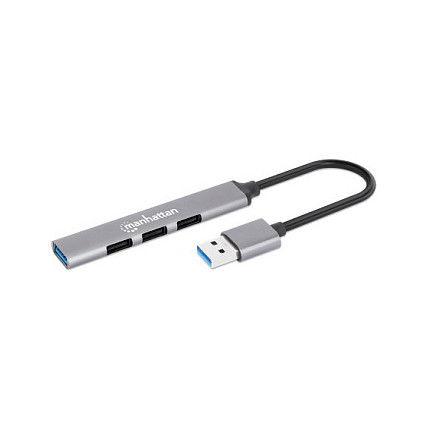 MANHATTAN Hub USB 4 Puertos, 3x USB 2.0 480Mbps + 1x USB 3.2 Gen 1 5Gbps, Alimentación por Bus, Aluminio Gris, Cable 0.18m