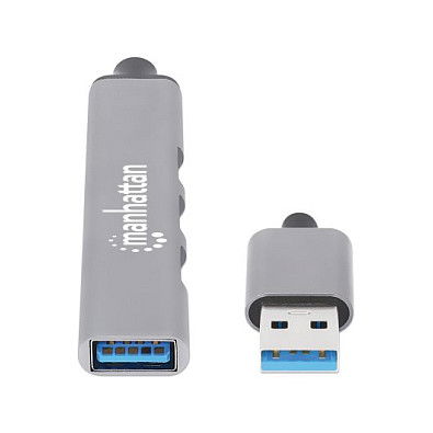 MANHATTAN Hub USB 4 Puertos, 3x USB 2.0 480Mbps + 1x USB 3.2 Gen 1 5Gbps, Alimentación por Bus, Aluminio Gris, Cable 0.18m