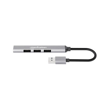 MANHATTAN Hub USB 4 Puertos, 3x USB 2.0 480Mbps + 1x USB 3.2 Gen 1 5Gbps, Alimentación por Bus, Aluminio Gris, Cable 0.18m