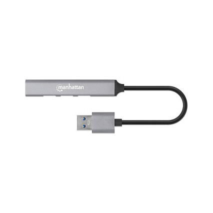 MANHATTAN Hub USB 4 Puertos, 3x USB 2.0 480Mbps + 1x USB 3.2 Gen 1 5Gbps, Alimentación por Bus, Aluminio Gris, Cable 0.18m
