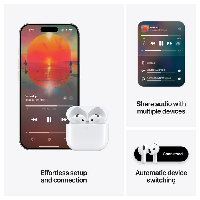 Apple AirPods (4ª generación), auriculares inalámbricos Bluetooth 5.3 TWS True Wireless Stereo con chip H2, resistencia IP54, autonomía 30 horas, color blanco