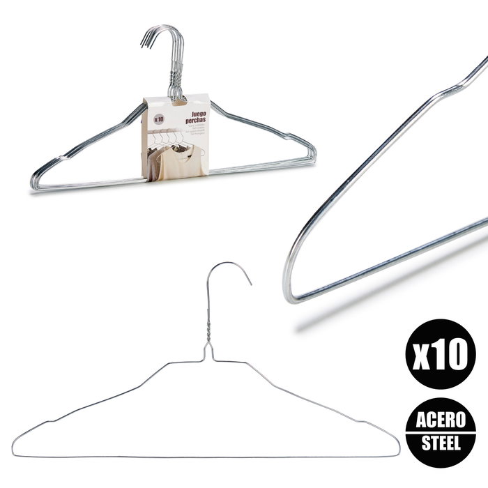 Kipit Set 10 Perchas Acero Color Plata Grandes 40x20x2 cm (Set de 24)