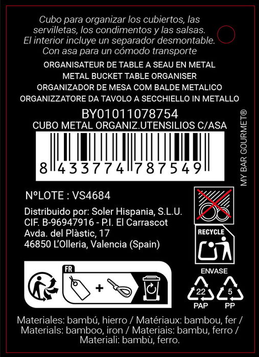 Inde Cubo Metálico Organizador de Utensilios con Asa My Bar - 19.4 cm (Ancho) x 13.4 cm (Alto) x 27.2 cm (Largo) (4 Unidades)