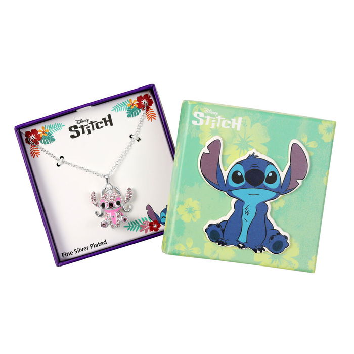 Disney Colgante Angel Stitch con Brillantes Piedras Rosas en Cadena Ajustable 16"