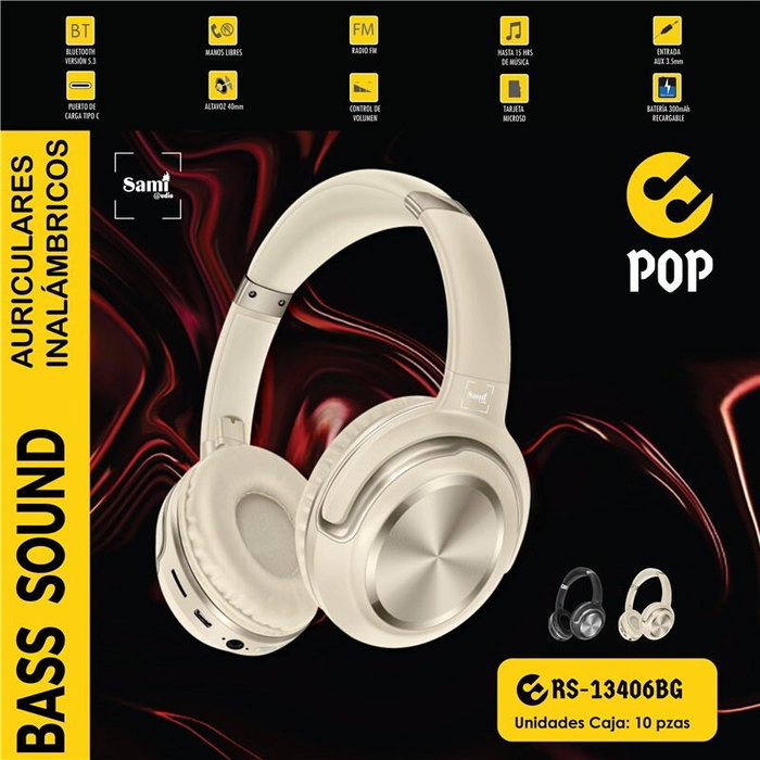 SAMI POP Auriculares Plegables Inalámbricos Bluetooth/FM/auxiliar Batería 300mAh Color Beige