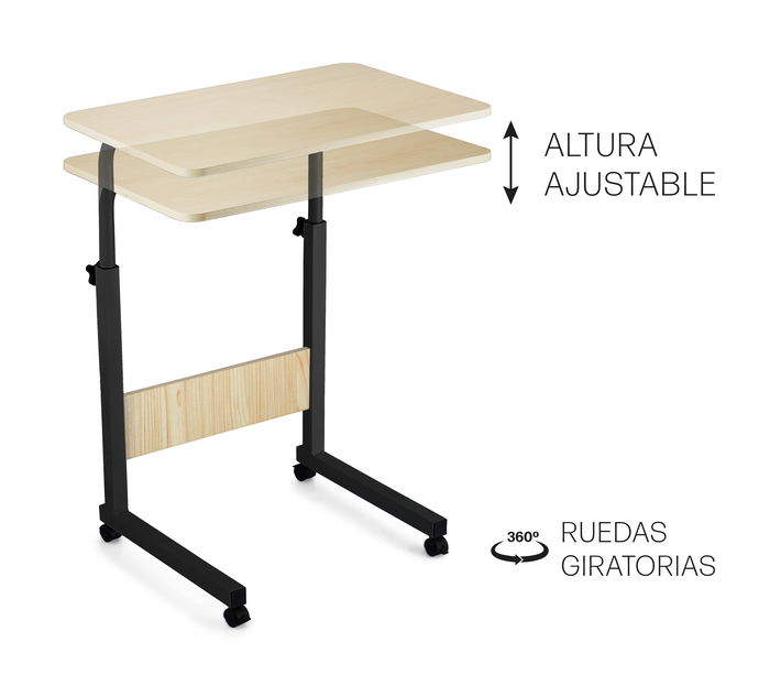 Inde Mesa Auxiliar Madera y Metal Ajustable Negro Medidas 60 x 40 x 65-89 cm (3 Unidades)