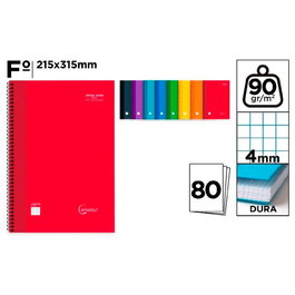 Cervantes Cuaderno A4 con espiral, tapa dura y 80 hojas cuadrícula 4 mm, colores surtidos