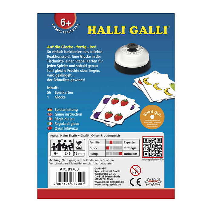 AMIGO Amigo Halli Galli Juego de Cartas de Emparejamiento 56 Cartas con Campana 2-6 Jugadores 6+ Años