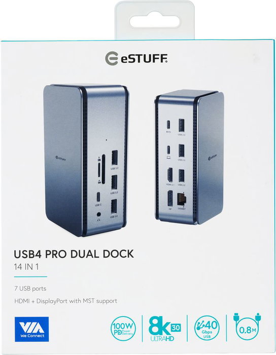 eSTUFF Dock USB4 Pro Dual Monitor 8K 100W PD con 7 Puertos USB (sin Fuente de Alimentación)