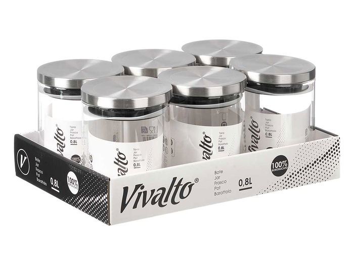 Vivalto Tarro Redondo Borosilicato 800 ml con Tapa de Acero Transparente y Plata 10x13x10 cm (Set de 12)