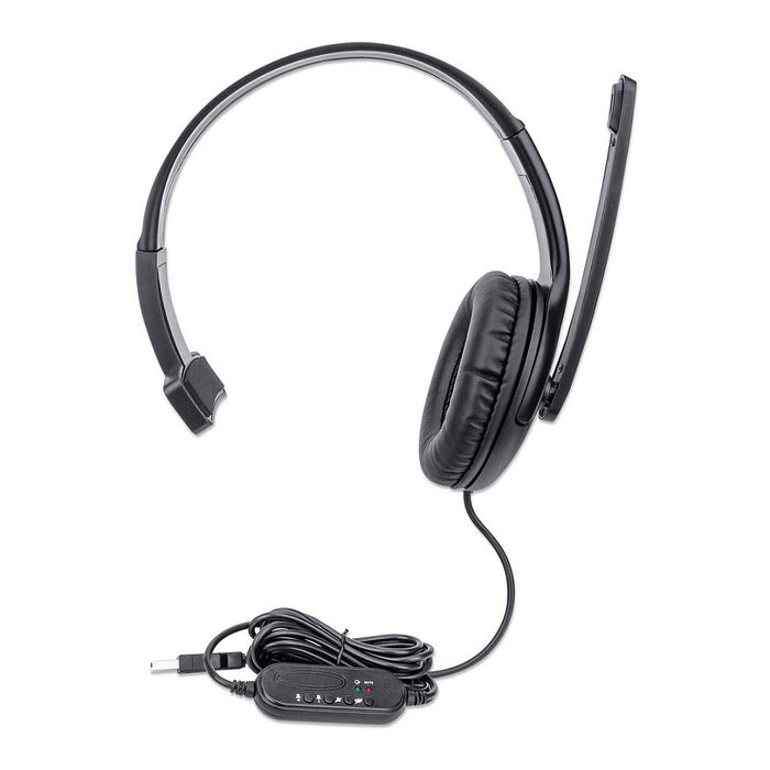 MANHATTAN Auriculares USB Mono de Diadema Oficina con Micrófono Boom Plegable Unidireccional 20-20000 Hz 1.5m Negro