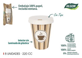 Algon Set 8 Vasos Cartón para Café con Tapa 220 cc (20 Unidades)