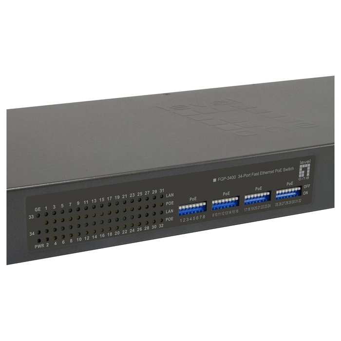LevelOne Switch No Administrado FGP-3400W380 con 32 Puertos Fast Ethernet PoE (30W) y 2 Puertos Gigabit, Presupuesto PoE 380W, Montaje en Rack 19"