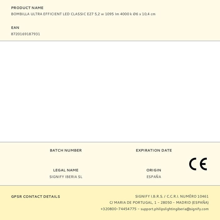 Philips Bombilla LED Classic E27 5,2W 1095lm 4000K Luz Día