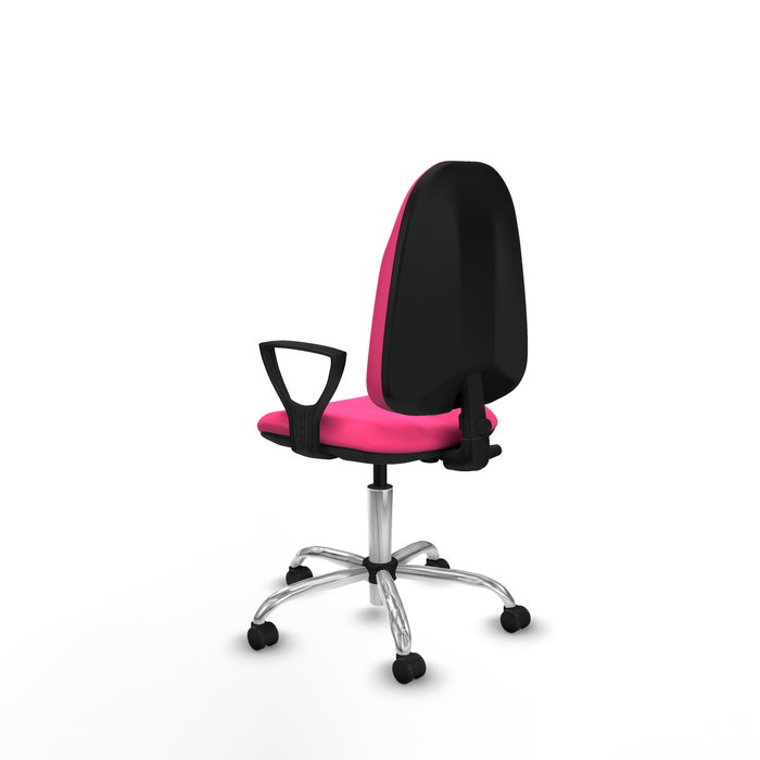 Silla de oficina Algarra con mecanismo Contacto permanente básico tapizada con Similpiel color Rosa. Equipada con Base cromada, Brazos fijos y Ruedas de parqué