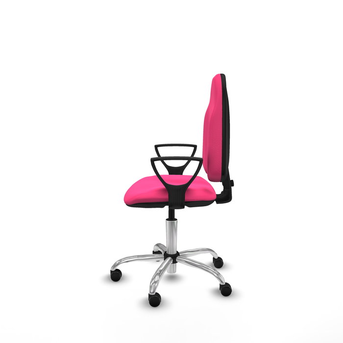 Silla de oficina Algarra con mecanismo Contacto permanente básico tapizada con Similpiel color Rosa. Equipada con Base cromada, Brazos fijos y Ruedas de parqué