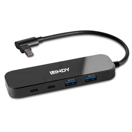 Lindy Hub USB 3.2 Gen 2 (43334) - 4 Puertos (2 Type-A + 2 Type-C), 10 Gbps, USB-C PD 100W, Negro