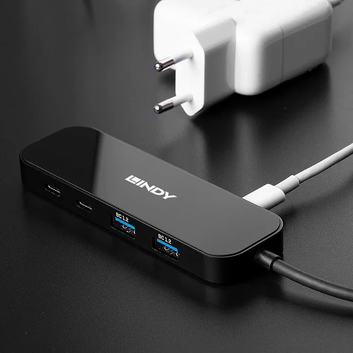 Lindy Hub USB 3.2 Gen 2 (43334) - 4 Puertos (2 Type-A + 2 Type-C), 10 Gbps, USB-C PD 100W, Negro