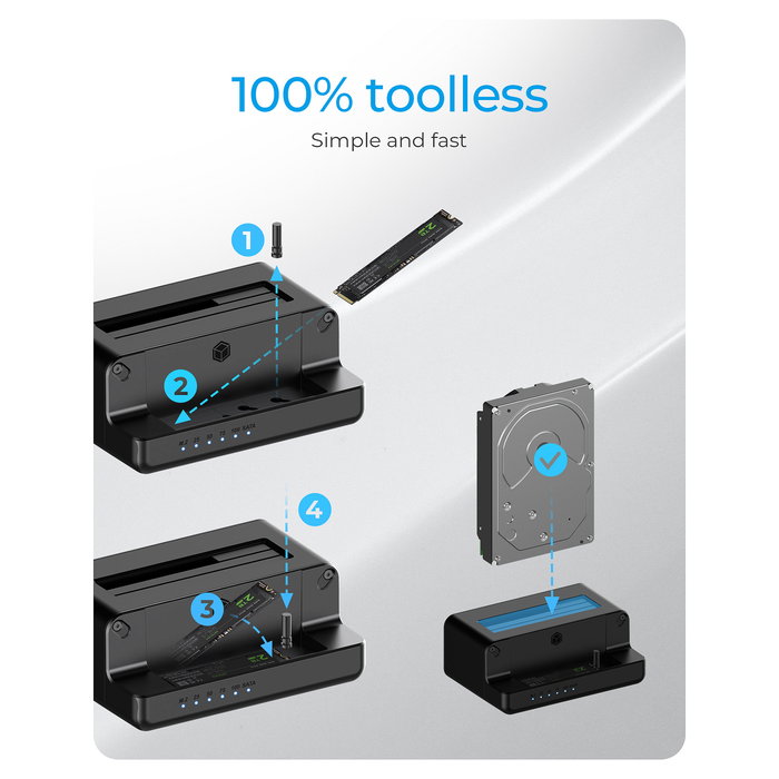 ICY BOX IB-2914MSCL-C31 Docking Station Clonadora para M.2 NVMe SSD y 3.5"/2.5" SATA HDD/SSD, USB-C 10 Gb/s, Plug and Play, Negro