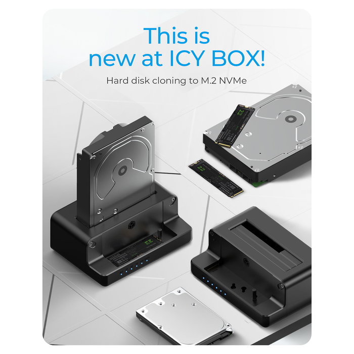 ICY BOX IB-2914MSCL-C31 Docking Station Clonadora para M.2 NVMe SSD y 3.5"/2.5" SATA HDD/SSD, USB-C 10 Gb/s, Plug and Play, Negro