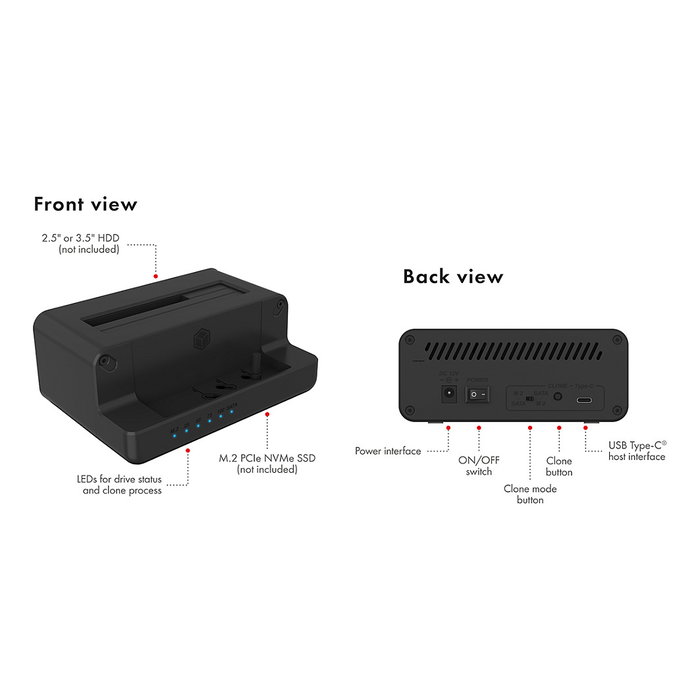 ICY BOX IB-2914MSCL-C31 Docking Station Clonadora para M.2 NVMe SSD y 3.5"/2.5" SATA HDD/SSD, USB-C 10 Gb/s, Plug and Play, Negro