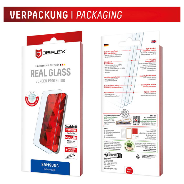 Displex Protector de Pantalla de Cristal Templado para Samsung Galaxy A56, Resistente a Rayones e Impactos, 10H, 92% Transmisión de Luz, Transparente, Kit de Aplicación 02068 Displex Protector de Pantalla de Cristal Templado para Samsung Galaxy A56, Resistente a Rayones e Impactos, 10H, 92% Transmisión de Luz, Transparente, Kit de Aplicación 02068