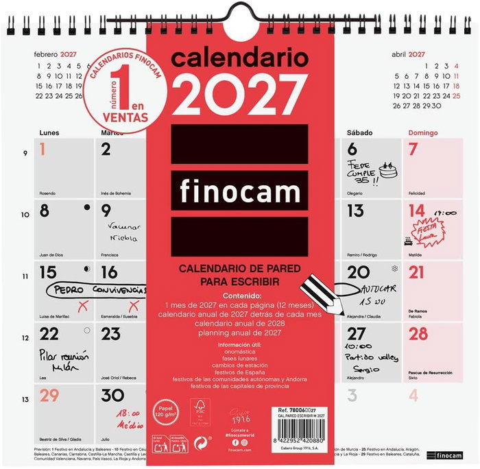 Finocam Calendario de Pared 2027 de 12 Meses Neutro