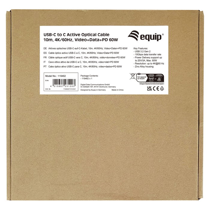 EQUIP Cable óptico activo USB-C a C 10m 10Gbps 4K/60Hz
