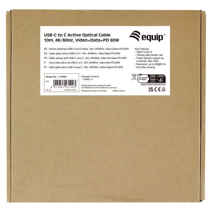 EQUIP Cable USB-C 119462 Macho a Macho 10m 3A 60W 4K/60Hz Negro USB 3.2 Gen 2 DisplayPort Negro