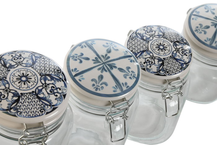 DKD Home Decor Set de 4 Botes de Cristal Azul y Blanco DKD Home Decor Set de 4 Botes de Cristal Azul y Blanco