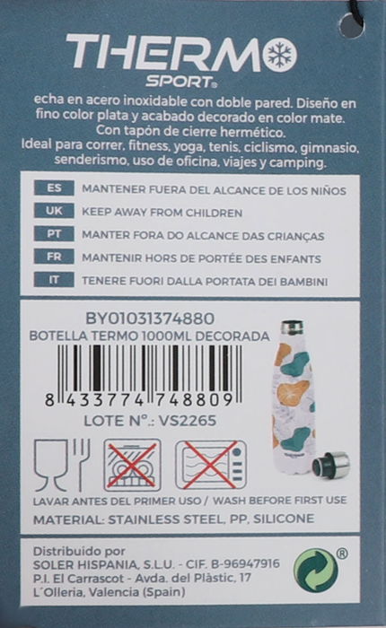 Thermosport Botella Termo 1000Ml Decorada 9x32cm (6 Unidades)