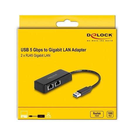 DeLOCK Adaptador USB Tipo-A a 2 x LAN Gigabit Negro