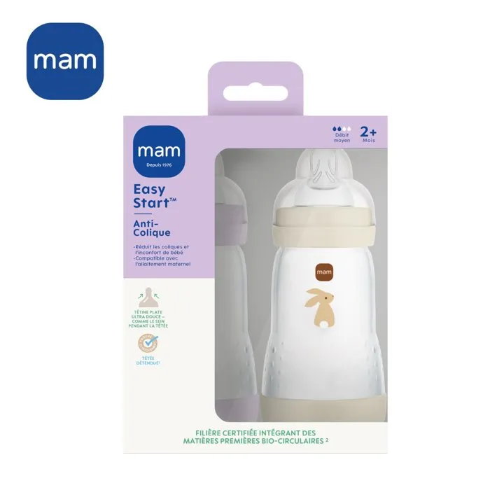 Mam Set de 2 Biberones Easy Start Anticólico 260 ml Tetina Flow 2 Lila + Arena MAM9001616836572