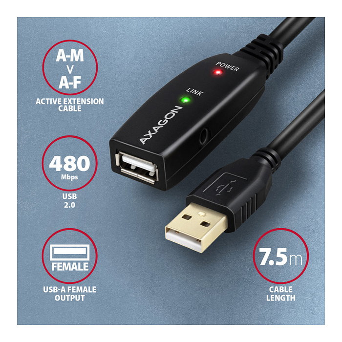 Axagon ADR-207 Cable extensor y repetidor USB 2.0 de 7,5m Axagon ADR-207 Cable extensor y repetidor USB 2.0 de 7,5m
