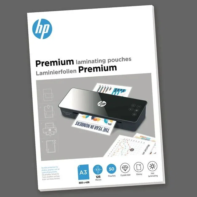 HP Bolsas Laminadoras Premium DIN A3 303x426mm 125 micras Térmicas Brillantes Transparentes - Paquete de 50 unidades