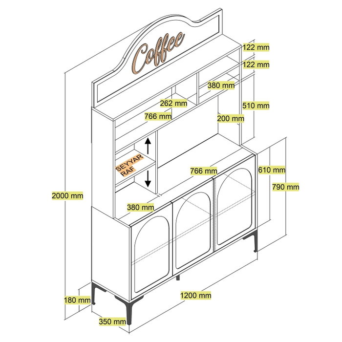Hanah Home Lyon 120 Mueble Barra de Café con Almacenamiento, 120cm Ancho, 202cm Alto, Atlas y Negro