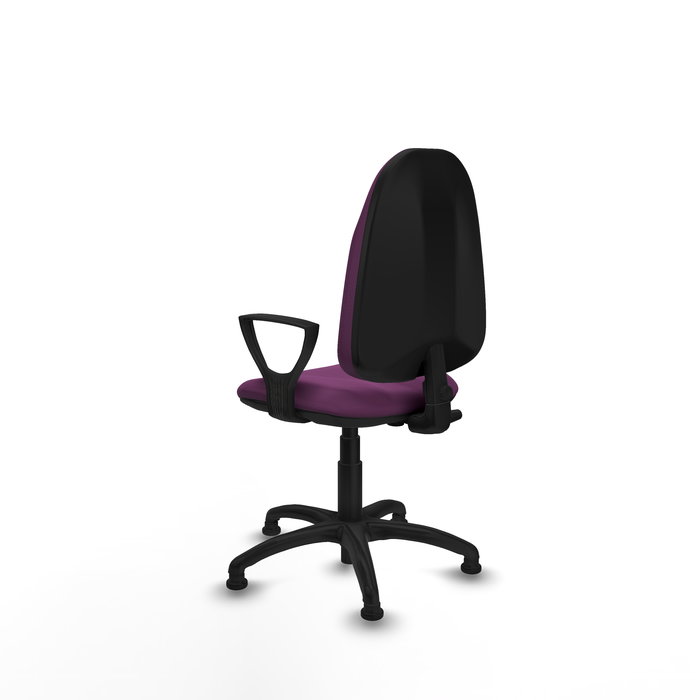 Silla de oficina Algarra con mecanismo Contacto permanente básico tapizada con Similpiel color Morado. Equipada con Base poliamida negra, Brazos fijosy Topes
