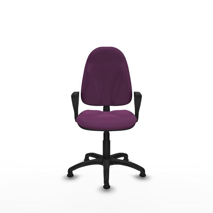 Silla de oficina Algarra con mecanismo Contacto permanente básico tapizada con Similpiel color Morado. Equipada con Base poliamida negra, Brazos fijosy Topes
