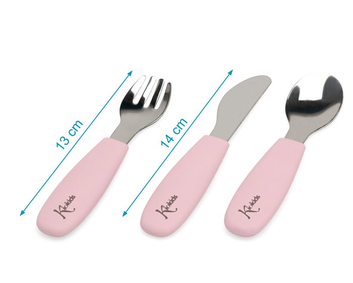 KioKids Set de Cubiertos Infantil/Junior Petits Moments - Acero Inoxidable 304 y Silicona Alimentaria, Seguro, Lavavajillas, Color Rosa, +6 Meses