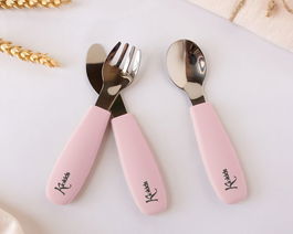 KioKids Set de Cubiertos Infantil/Junior Petits Moments - Acero Inoxidable 304 y Silicona Alimentaria, Seguro, Lavavajillas, Color Rosa, +6 Meses